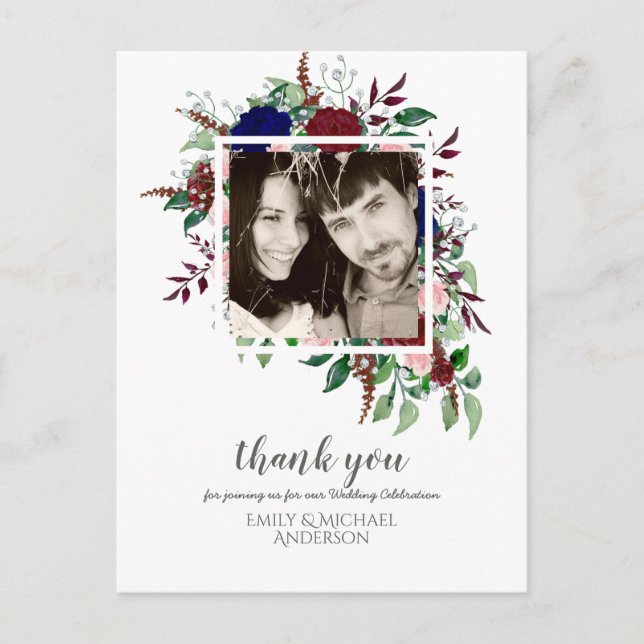 Carte Postale Bouquet Marsala MERCI aux fleurs roses bleues (Devant)