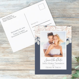 Carte Postale Bouquet simple élégant floral bleu foncé rose