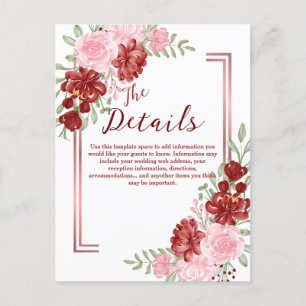 Carte Postale Bourgogne et Rose Floral Mariage