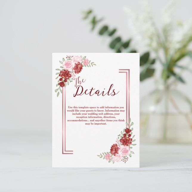 Carte Postale Bourgogne et Rose Floral Mariage (Debout devant)