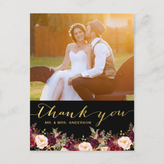 Carte Postale Bourgogne Floral Black Gold Photo Mariage Merci