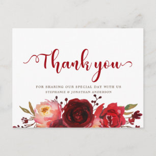 Carte Postale Bourgogne Marsala Roses rouges Merci Floral