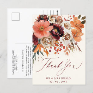 Carte Postale Bourgogne Orange Mariage de automne Floral Merci