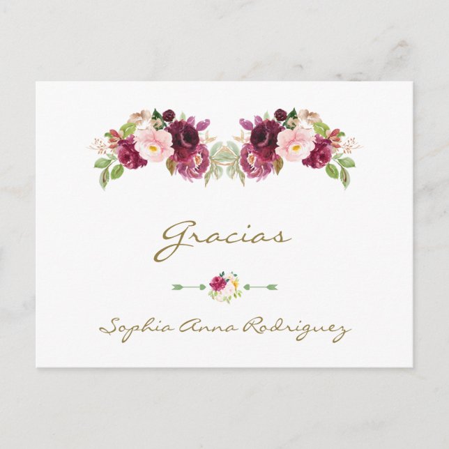 Carte Postale Bourgogne rose Floral Baby shower espagnol Gracias (Devant)