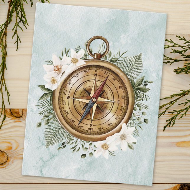 Carte Postale Boussole Florale Aquarelle (Close up on wood)