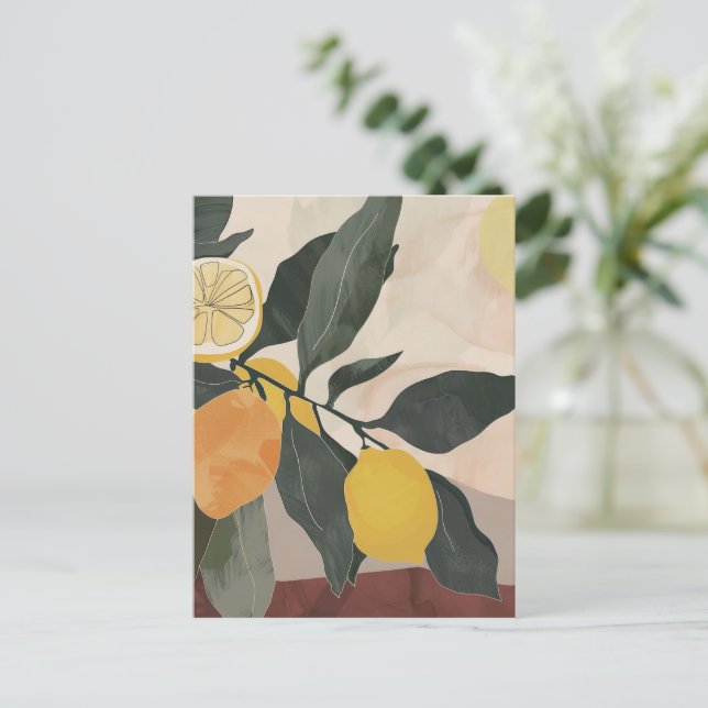 Carte Postale Bouteille de citron avec Artwork de fruits Abstrai (Debout devant)
