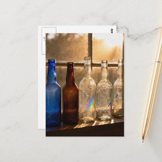 Carte Postale Bouteilles anciennes nature morte (Devant/Arrière en situation)