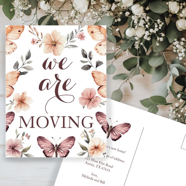Carte Postale Bouteilles d'aquarelle Papillons Nouvelle adresse  (Watercolor Florals Butterflies New Address Moving Announcement Postcard
)