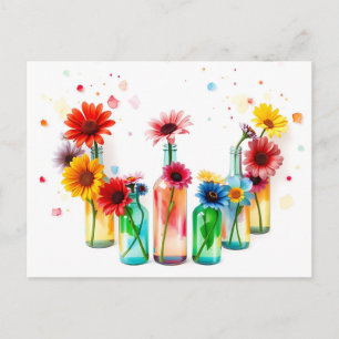 Carte Postale Bouteilles de fleurs d'aquarelle vives sur blanc