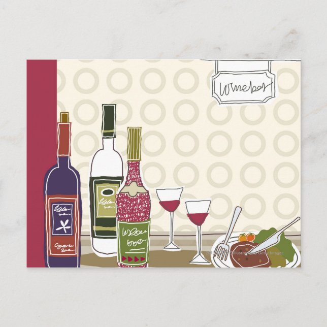Carte Postale Bouteilles de vin avec lunettes de vin sur table (Devant)