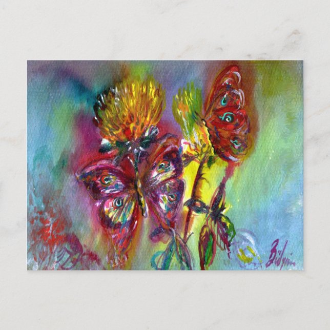 CARTE POSTALE BOUTEILLES ROUGES SUR THISTLES JAUNES, CIEL BLEU F (Devant)