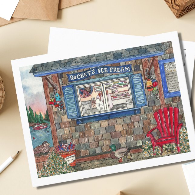 Carte Postale Boutique de crème glacée côtière aquarelle (Créateur téléchargé)