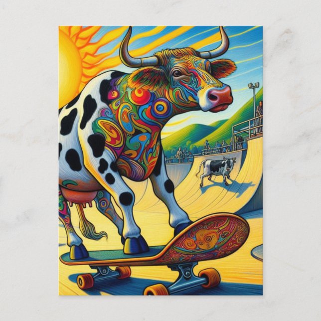 Carte Postale Bovin coloré en skateboard  (Devant)