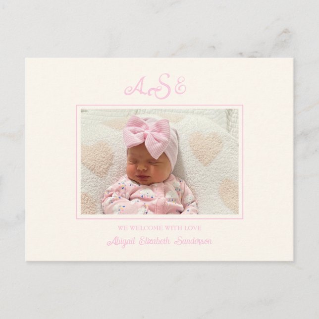 Carte Postale Bow rose photo Faire-part de naissance beige (Devant)