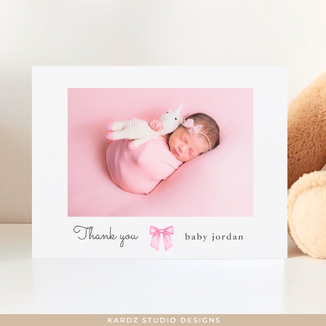 Carte Postale Bow Script photo fille Baby shower Merci (Front and back of the Postcard shown, add your baby's name, picture, and message.)