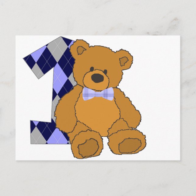 Carte Postale Bow Tie Teddy Bear with Number 1 (Devant)