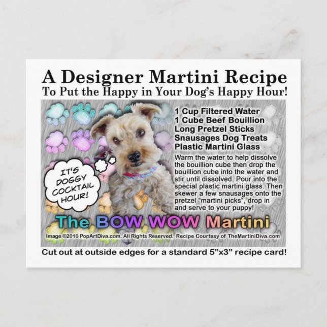 Carte postale Bow Wow Martini pour Chiens Recette (Devant)