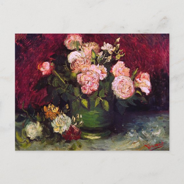 Carte Postale Bowl avec Peonies & Roses Van Gogh Art (Devant)