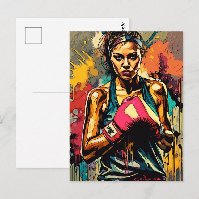 Carte Postale Boxe Femme Moderne Fighter Arts Martiaux Portrait (Devant / Derrière)