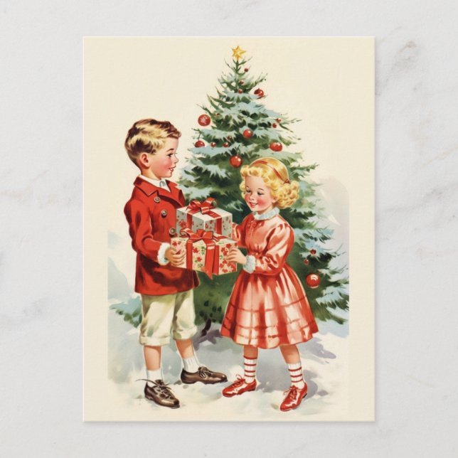 Carte Postale Boy and girl giving each other Christmas presents (Devant)