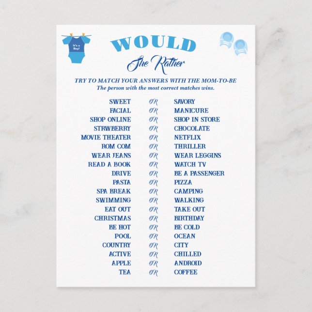 Carte Postale Boy Baby shower Games Prédiction et conseil. (Devant)