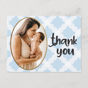 Carte Postale Boy Photo Blue Gold Frame Baby shower Merci
