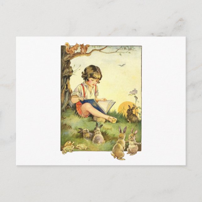 Carte Postale Boy reading under tree with rabbits (Devant)