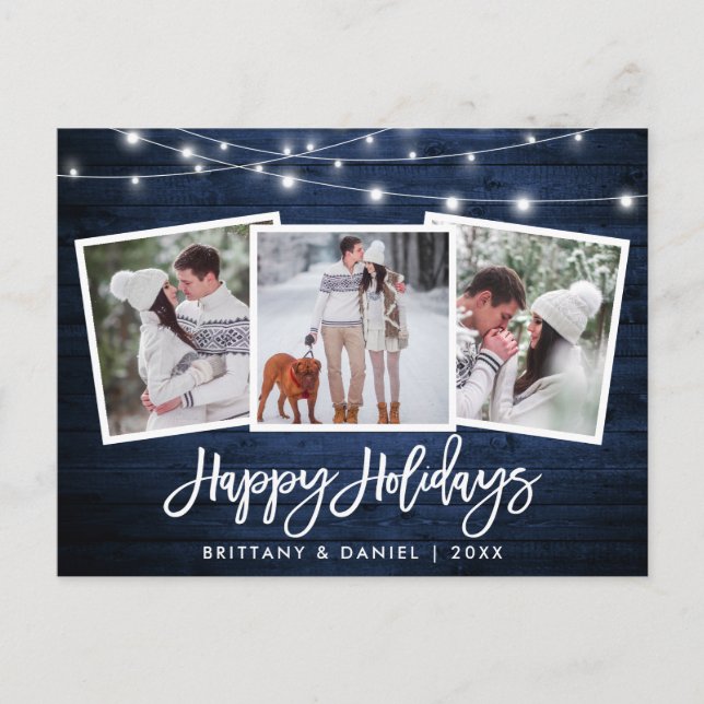 Carte Postale Bracelet Script Bleu Bois Lumières 3 Photo Holiday (Devant)