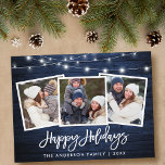 Carte Postale Bracelet Script Blue Wood Lights Holiday 3 Photo<br><div class="desc">Brosse en bois bleu rustique Script 3 Photo Family Happy Holidays Carte Postale avec String Lights</div>