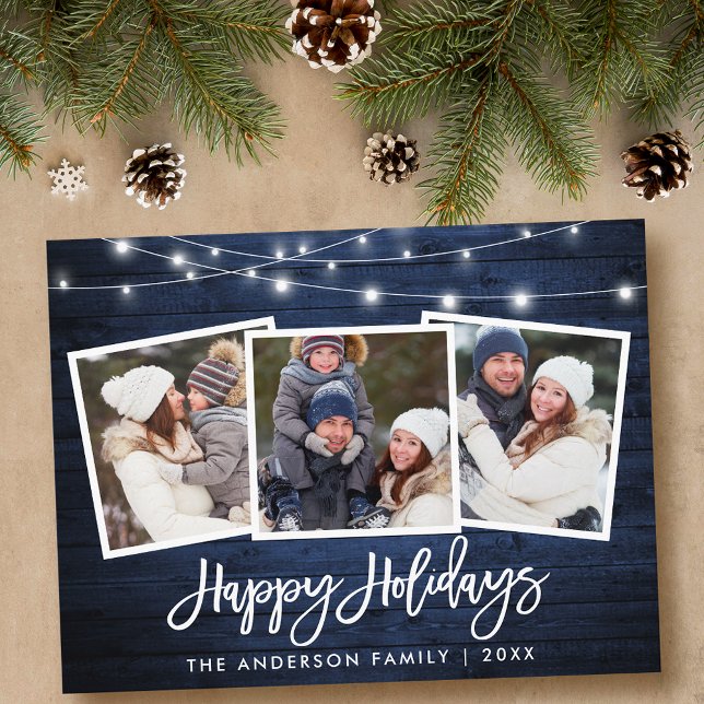 Carte Postale Bracelet Script Blue Wood Lights Holiday 3 Photo (Customize to change your personalized text size or text style.)
