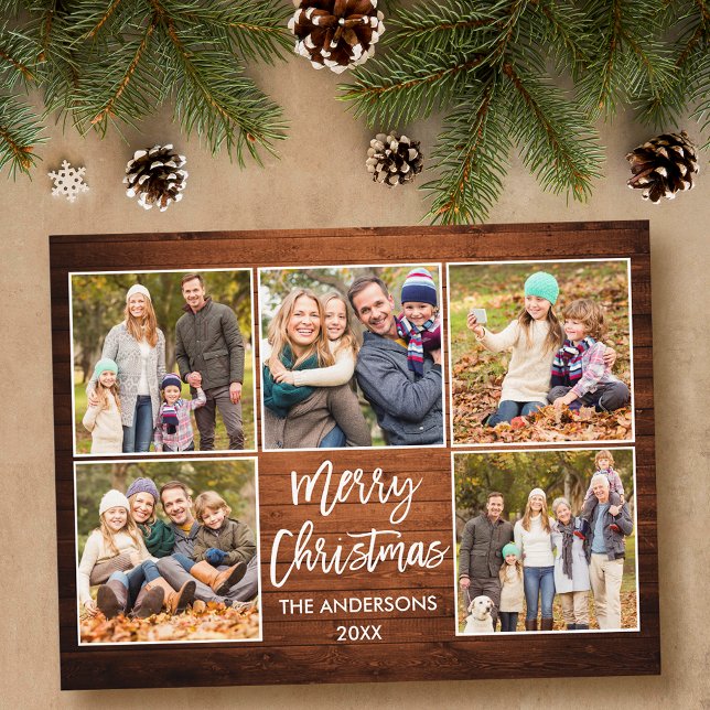 Carte Postale Bracelet Script Bois Famille de Noël 5 Photo (Customize to change your personalized text size or text style.)