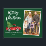 Carte Postale Bracelet Script Camion Vintage Photo Christmas Gre<br><div class="desc">Script de brosse moderne Aquarelle Vintage Camion rouge avec arbre de Noël - Joyeux Noël Famille Photo Carte postale verte</div>