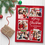 Carte Postale Bracelet Script Joyeux Bande d'artisanat de Noël R<br><div class="desc">Brosse moderne Script Joyeux Noël 5 Photo Collage avec bande artisanale Carte postale de vacances. Arrière - plan rouge.</div>