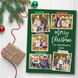 Carte Postale Bracelet Script Joyeux canot de Noël Bande verte<br><div class="desc">Brosse moderne Script Joyeux Noël 5 Photo Collage avec bande artisanale Carte postale de vacances. Arrière - plan vert forestier.</div>