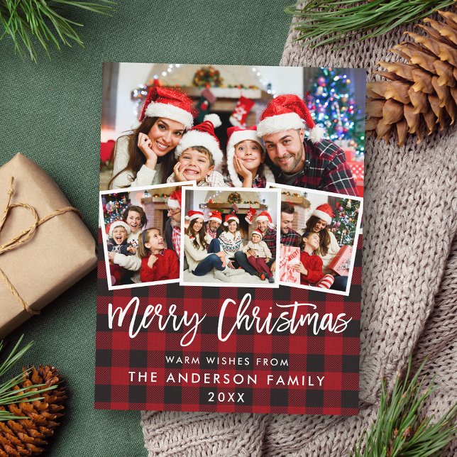 Carte Postale Bracelet Script Joyeux Noël Rouge Plaid 4 Photo (Customize to change your personalized text size or text style.)