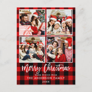 Carte Postale Bracelet Script Red Plaid Family 4 Photo Noël