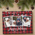 Carte Postale Bracelet Script Rouge Lights Plaid 3 Photo Holiday<br><div class="desc">Brosse Script 3 Photo Family Happy Holidays Card avec String Lights - Red Buffalo Plaid</div>