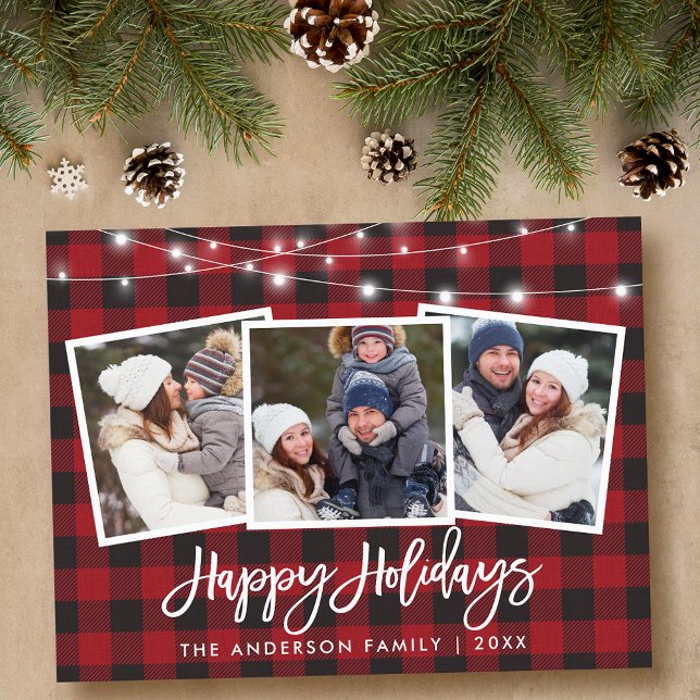 Carte Postale Bracelet Script Rouge Lights Plaid 3 Photo Holiday (Customize to change your personalized text size or text style.)