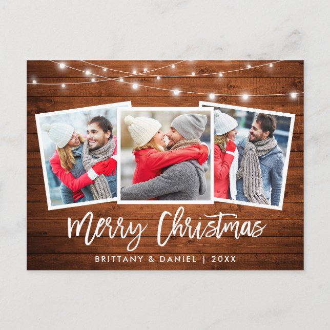 Carte Postale Bracelet Script Rustic Wood Lights Noël 3 Photo (Devant)