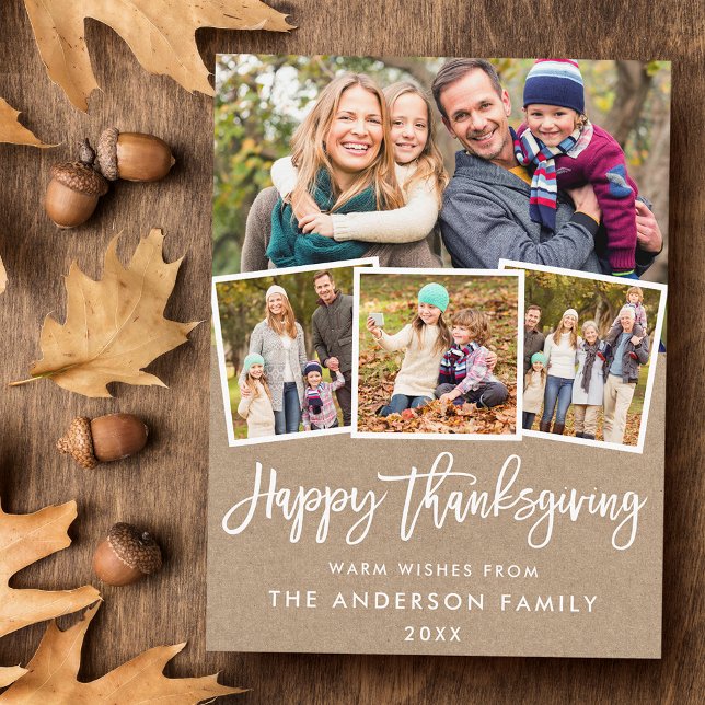 Carte Postale Bracelet Script Thanksgiving 4 Photo Kraft (Customize to change your personalized text size or text style.)