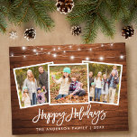 Carte Postale Bracelet Script Wood Lights 3 Photo Family Holiday<br><div class="desc">Brosse Rustique en bois Script 3 Photo Famille Joyeux Vacances Carte postale avec lumières à cordes</div>