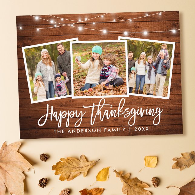 Carte Postale Bracelet Script Wood Lights 3 Photo Thanksgiving (Customize to change your personalized text size or text style.)