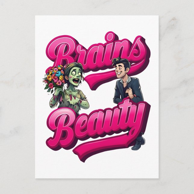 Carte Postale Brains & Beauté - Design Humour Zombie (Devant)