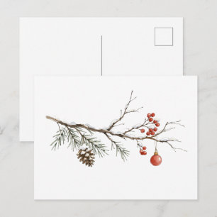 Carte Postale Branche de Noël enneigée avec ornement pour Noël