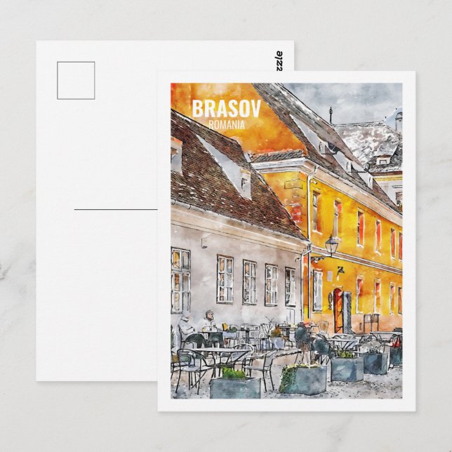 Carte Postale Brasov Romania Fameux Voyage Aquarelle croquis (Devant / Derrière)