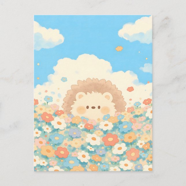 Carte Postale Bright Sky Blue Kawaii Hedgehog Meadow (Devant)
