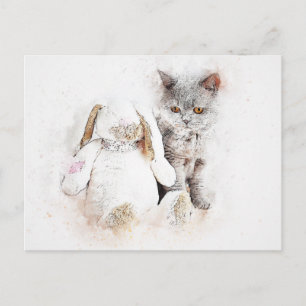Carte Postale British Shorthair & Bunny   ABSTRAIT   Aquarelle
