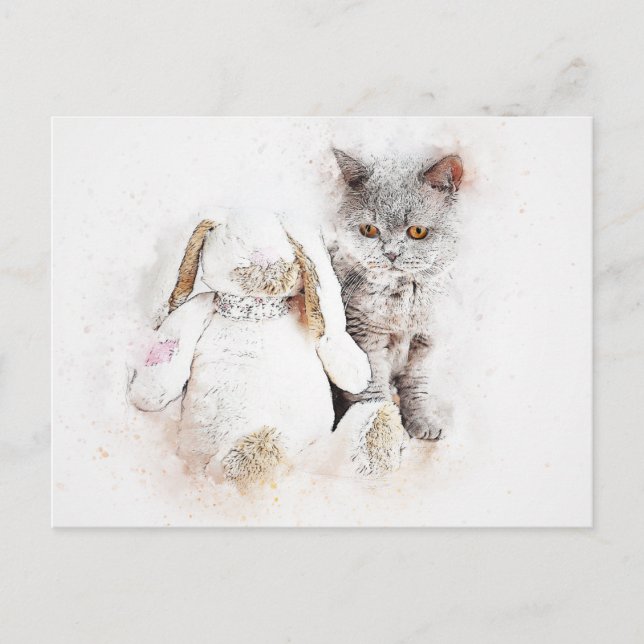 Carte Postale British Shorthair & Bunny | ABSTRAIT | Aquarelle (Devant)