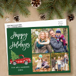 Carte Postale Brochure moderne Script Camion 3 Photo Green Holid<br><div class="desc">Script de brosse moderne Aquarelle Vintage Camion rouge avec arbre de Noël - Joyeuses vacances Famille 3 Photo Carte postale verte</div>