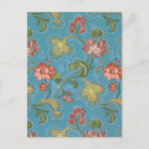 Carte Postale Broderie dorée florale en damas bleu antique